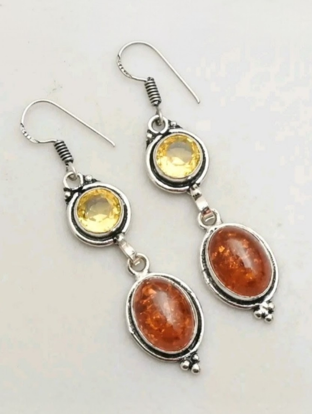 Amber, Citrine Gemstone Handmade 925 Sterling Silver Handmade Dangle Earrings